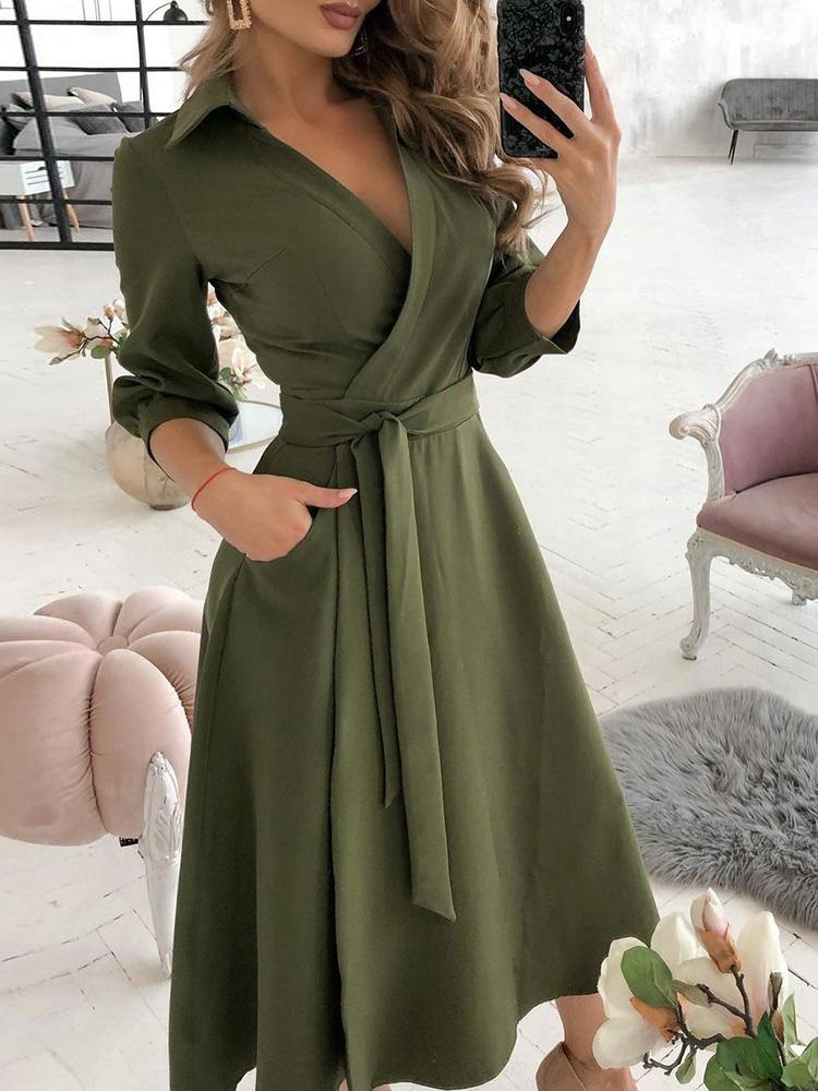 Wrap Design Plain Long Sleeve Flared Dress