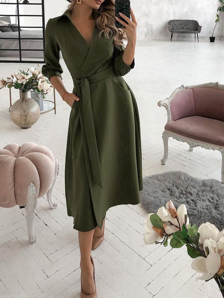 Wrap Design Plain Long Sleeve Flared Dress - Image 3