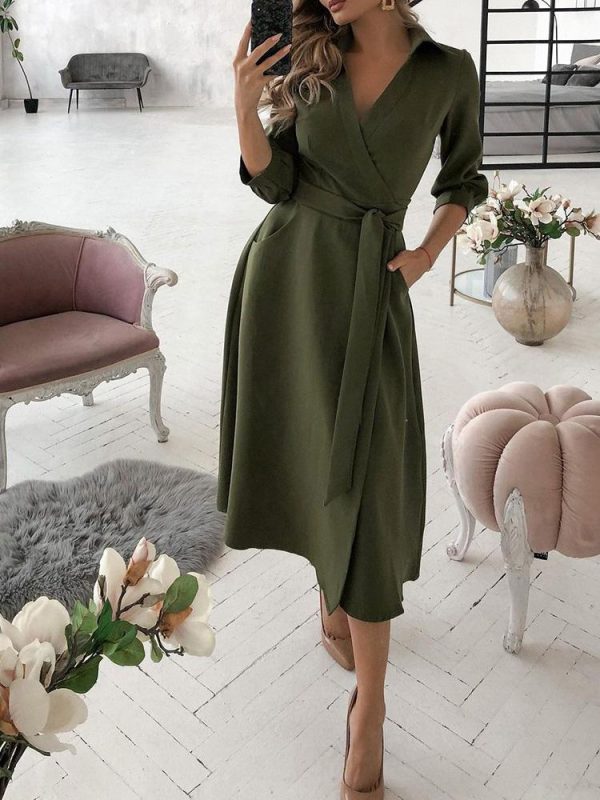 Wrap Design Plain Long Sleeve Flared Dress - Image 2