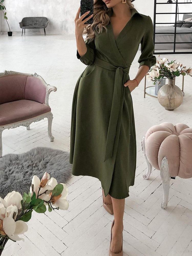 Wrap Design Plain Long Sleeve Flared Dress - Image 2