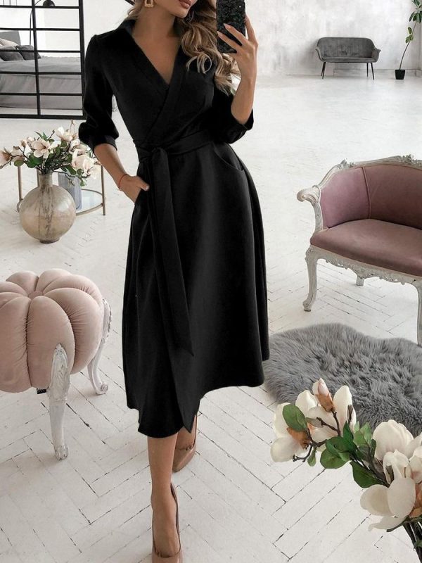Wrap Design Plain Long Sleeve Flared Dress - Image 5